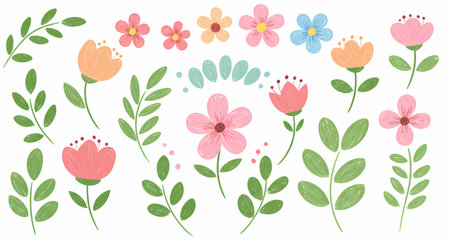 A whimsical collection of isolated floral illustrations. Pastel-colored flowers and green leaves feature a charming, hand-drawn texture, evoking a sweet, spring feeling.の素材