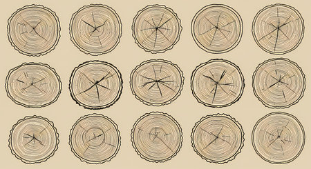 A seamless pattern of hand-drawn tree trunk cross-sections, each showing unique annual growth rings, cracks, and bark texture on a neutral beige background.の素材