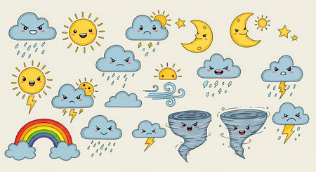 A delightful set of hand-drawn weather icons with expressive faces. Includes sun, clouds, rain, storms, tornadoes, moon, and a rainbow for children's designs.の素材