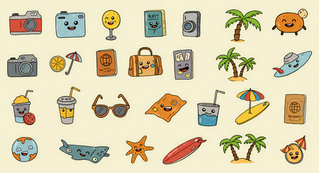 A vibrant and cheerful collection of hand-drawn travel-themed doodles, featuring smiling cameras, passports, luggage, and beach items, evoking a sense of fun and adventure.の素材
