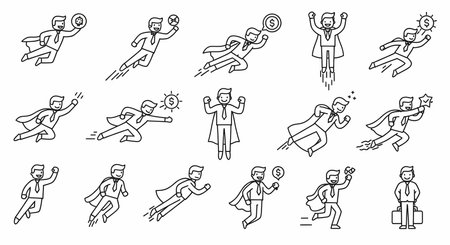 A set of 12 dynamic line art illustrations of businessmen in superhero poses. Each figure is depicted in various actions, showcasing strength, speed, and success.の素材