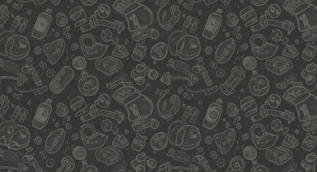A seamless, hand-drawn chalk-style pattern featuring various gym equipment on a dark, textured background.の素材