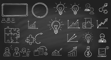 A chalkboard background filled with hand-drawn white icons representing business concepts like ideas, growth, teamwork, and finance.の素材