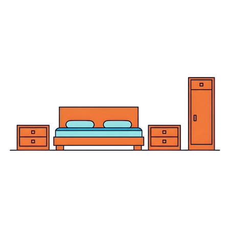 A flat design vector illustration of a modern bedroom interior set. Includes a double bed with blue pillows, two bedside tables, and a tall wardrobe in a line art style.の素材
