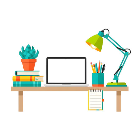 A vibrant flat design illustration depicting a tidy and functional workspace, complete with a laptop, books, a succulent, and stationery, perfect for remote work or study.の素材