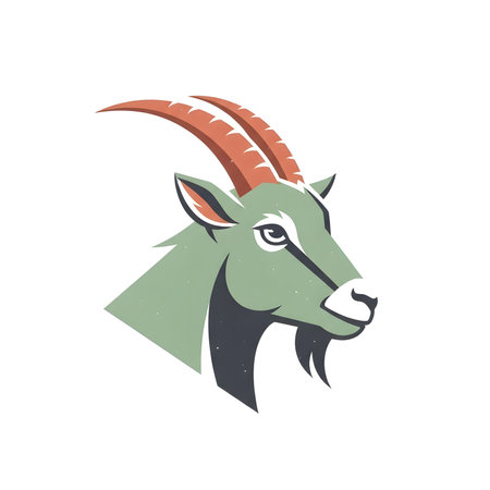 A vector illustration of a green mountain goat or ibex head in profile. This graphic features large orange horns and a goatee, suitable for a mascot or logo design on a white background.の素材