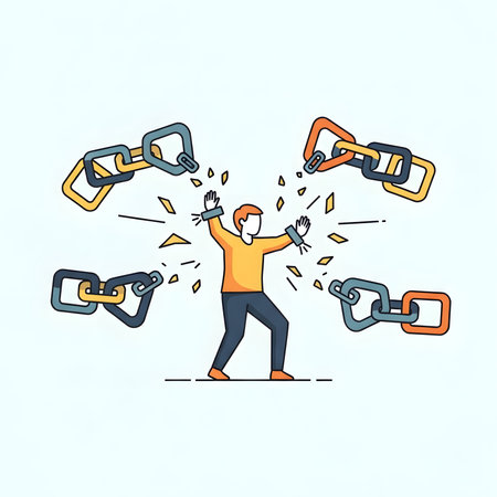 A man is shown breaking free from chains, representing liberation, strength, and overcoming challenges. The chains are depicted as broken, with fragments flying outwards.の素材