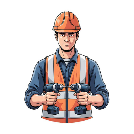 An illustration of a professional builder or handyman wearing a safety vest and hard hat. He holds two cordless power drills ready for work. Isolated on a white background.の素材