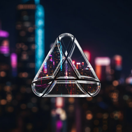 A futuristic architectural glass structure with a city skyline reflected inside, showcasing modern design and urban development.の素材