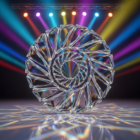A mesmerizing crystal structure resembling a turbine, illuminated by colorful stage lights, creates a dynamic and artistic visual.の素材