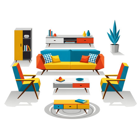 Mid century modern living room furniture set in teal yellow and orange. Includes sofa, armchairs, coffee table, side table, cabinet and media console.の素材