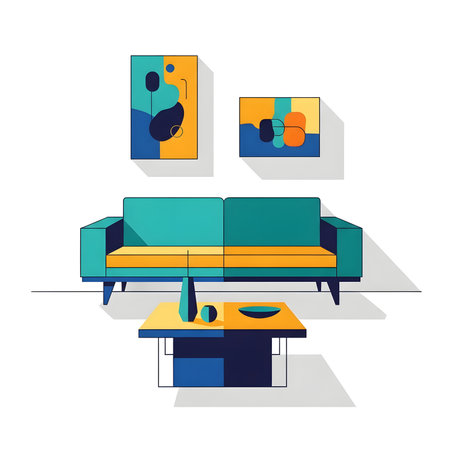 A contemporary living room featuring a teal and yellow sofa, a geometric coffee table with decorative vases, and two abstract paintings on a white wall.の素材