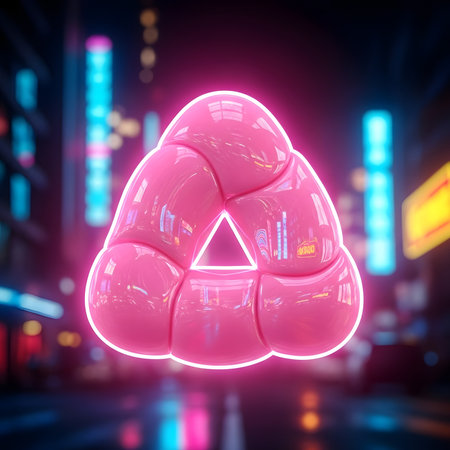 Neon pink triangle graphic design in a city night scene. Abstract geometric shape with a glossy, smooth surface. Vibrant colors and lights create a futuristic, stylized look.の素材