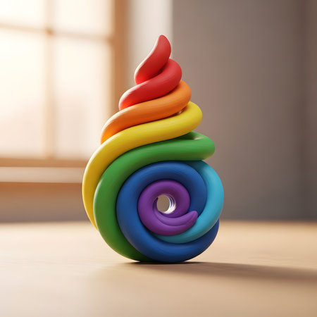 Rainbow colored clay sculpted into a spiral shape, resembling a flame or swirl. The clay is vibrant and smooth, creating a visually appealing image.の素材