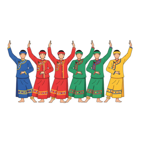 A group of people in traditional Mongolian clothing performing a dance, showcasing cultural heritage and artistic expression through vibrant colors and coordinated movements.の素材