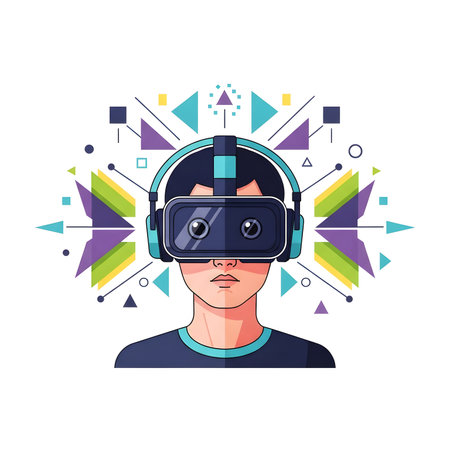 Illustration of a person wearing a VR headset, surrounded by abstract geometric shapes, representing virtual reality and technology.の素材