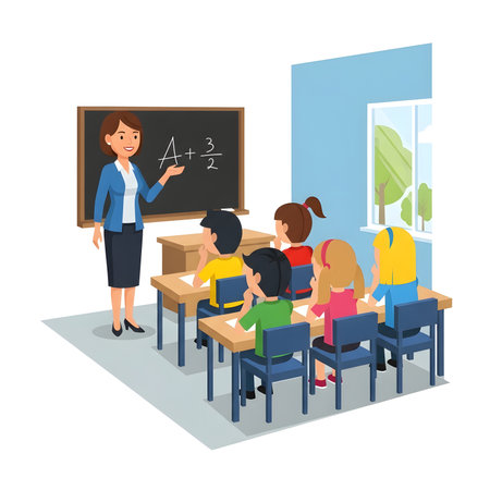 A female teacher is teaching mathematics to a class of six students in a classroom. The teacher is pointing to the equation on the blackboard. The students are sitting at desks and paying attention.の素材