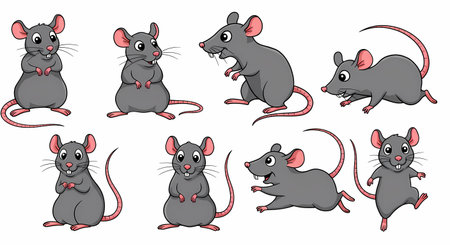 A delightful collection of eight grey cartoon mice isolated on a white background. Each mouse displays a unique, playful pose and happy expression, perfect for character design.の素材