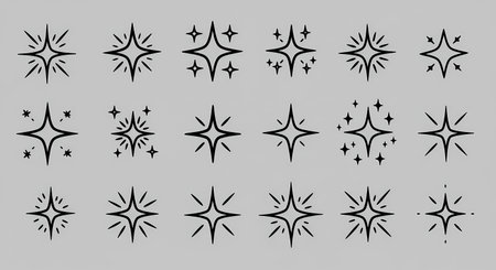 A collection of hand-drawn starburst icons in various styles, arranged in a grid pattern against a light gray background. The black lines create a simple, elegant design.の素材