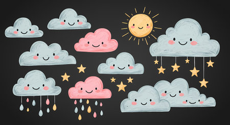 A delightful illustration of kawaii weather characters on a dark chalkboard. Cheerful clouds rain colorful drops and stars, alongside a smiling sun, creating a whimsical scene.の素材