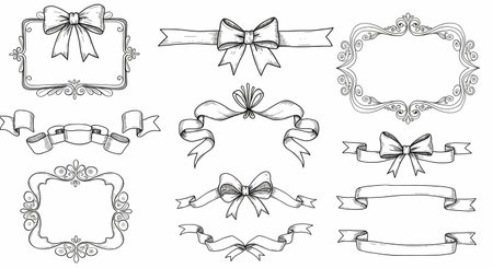 A versatile set of hand-drawn vintage elements, including ornate frames, flowing ribbons, and elegant bows. Classic black and white sketch style for decorative design.の素材