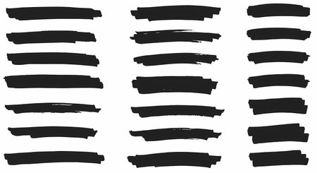 A versatile set of hand-drawn black marker strokes, isolated on a white background. Each unique swatch features textured edges, perfect for highlighting or design.の素材