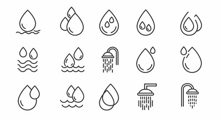A clean, minimalist collection of line art icons representing water, featuring drops, waves, and shower symbols on a white background.の素材