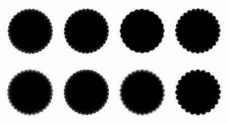 A graphic design featuring eight distinct black circular frames with scalloped edges, presented on a clean white background.の素材