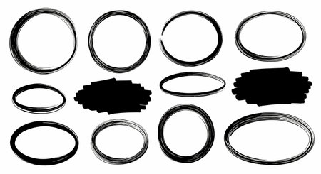 A graphic design featuring a variety of hand-drawn black shapes, including circles, ovals, and rectangular blocks, arranged on a clean white background.の素材