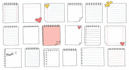 Set of various lined and blank notepads, perfect for planners, artists, or anyone needing a creative outlet. Features include hearts, spiral bindings, and decorative elements.の素材
