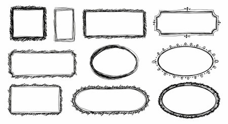 A diverse set of eleven unique, hand-drawn black and white frames and borders, showcasing various shapes and decorative styles on a clean white background.の素材