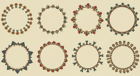 A set of eight unique, hand-drawn circular frames featuring diverse ethnic and folk art inspired designs, perfect for decorative borders.の素材