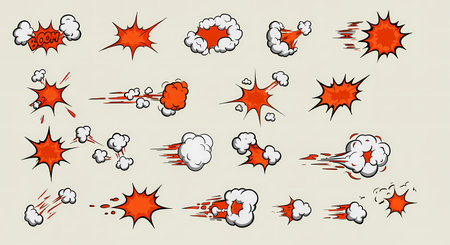 Set of dynamic comic book explosion effects, showcasing different stages and directions of blasts. Vibrant red and white graphic elements, perfect for animation or graphic design.の素材