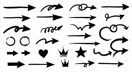 A versatile set of hand-drawn black ink doodles, including various arrows, swirls, circles, a heart, crowns, and a star, isolated on a clean white background for design.の素材