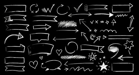 A diverse set of hand-drawn graphic elements, including arrows, banners, speech bubbles, and shapes, rendered in white chalk or marker on a black background. Perfect for design projects.の素材
