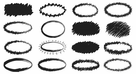 A diverse set of 16 hand-drawn black graphic elements, featuring various oval shapes and scribbled rectangular forms, presented on a clean white background.の素材