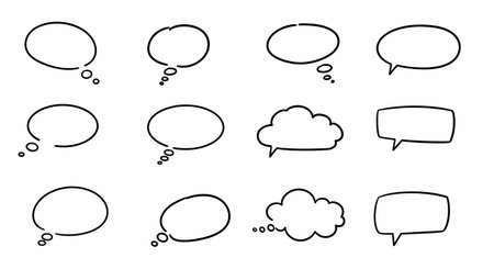 A clean, minimalist graphic featuring a grid of twelve hand-drawn speech and thought bubbles on a white background.の素材