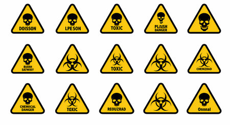 A graphic design featuring a grid of yellow warning triangles, each displaying a black skull or biohazard symbol with accompanying text.の素材