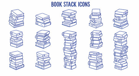 A graphic illustration featuring a variety of hand-drawn book stacks in blue ink on a clean white background.の素材