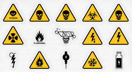 A graphic design featuring a variety of hazard symbols and icons, including skulls, biohazard, radiation, fire, and electricity, on a white background.の素材