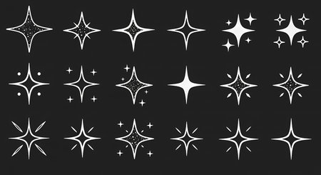 A graphic design featuring a variety of white starburst and sparkle icons arranged in three rows on a dark, solid background.の素材