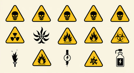 A graphic design showcasing a variety of hazard symbols within yellow warning triangles on a light beige background.の素材
