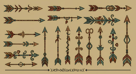 A diverse array of artistically rendered arrows, showcasing tribal patterns, feathers, and unique fletching on a textured, sepia-toned background.の素材