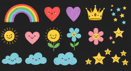 Cute, hand-drawn illustrations of happy shapes on a black background. Includes rainbows, hearts, suns, flowers, clouds, stars, and a crown, all with expressive faces.の素材