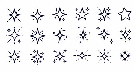 A set of 15 minimalist, hand-drawn starburst and sparkle icons, rendered in a clean dark blue outline on a white background, perfect for graphic design.の素材