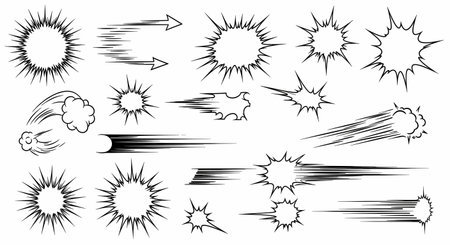 Set of black line art comic book effects, including explosions, speed lines, and speech bubbles. Perfect for graphic design, illustration, or animation projects.の素材