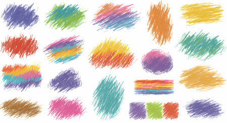 A collection of vibrant, hand-drawn scribble textures in various colors, arranged on a clean white background.の素材