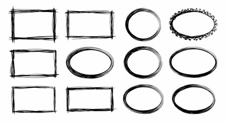 A graphic design element featuring a grid of twelve hand-drawn, sketchy frames in black ink on a clean white background.の素材