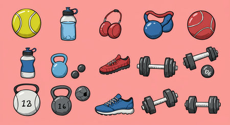 Vibrant cartoon illustrations of various fitness equipment, including water bottles, headphones, kettlebells, dumbbells, and sports shoes, arranged on a soft pink backdrop.の素材