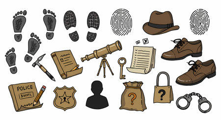 A collection of illustrated detective tools and evidence, including footprints, fingerprints, a fedora hat, shoes, a telescope, a key, a police badge, a notebook, and handcuffs.の素材